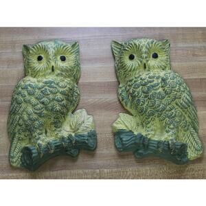 2 Vintage Green and Gold Owl Art Decor Wall Hangers